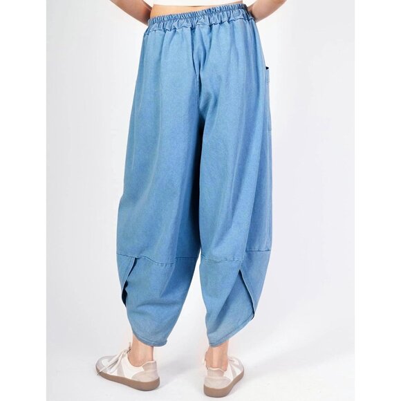 Women's Baggy Wide Leg Denim Pants Cotton Elastic Waist Casual Loose Fit - Picture 2 of 5